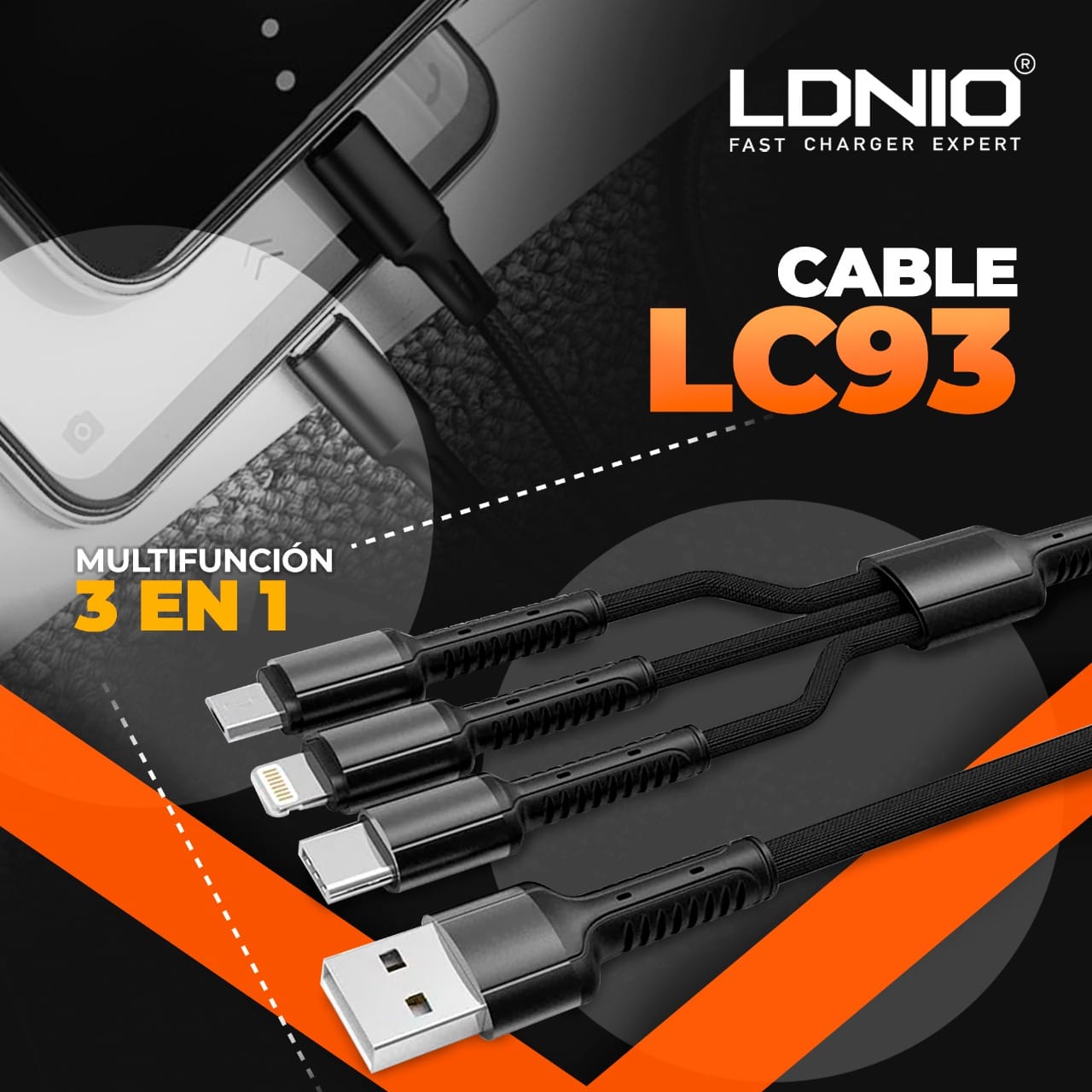 Ldnio Lc93Aio Usb Fast Charging Cable, 3X1, 3.4A, 1.2M - Black