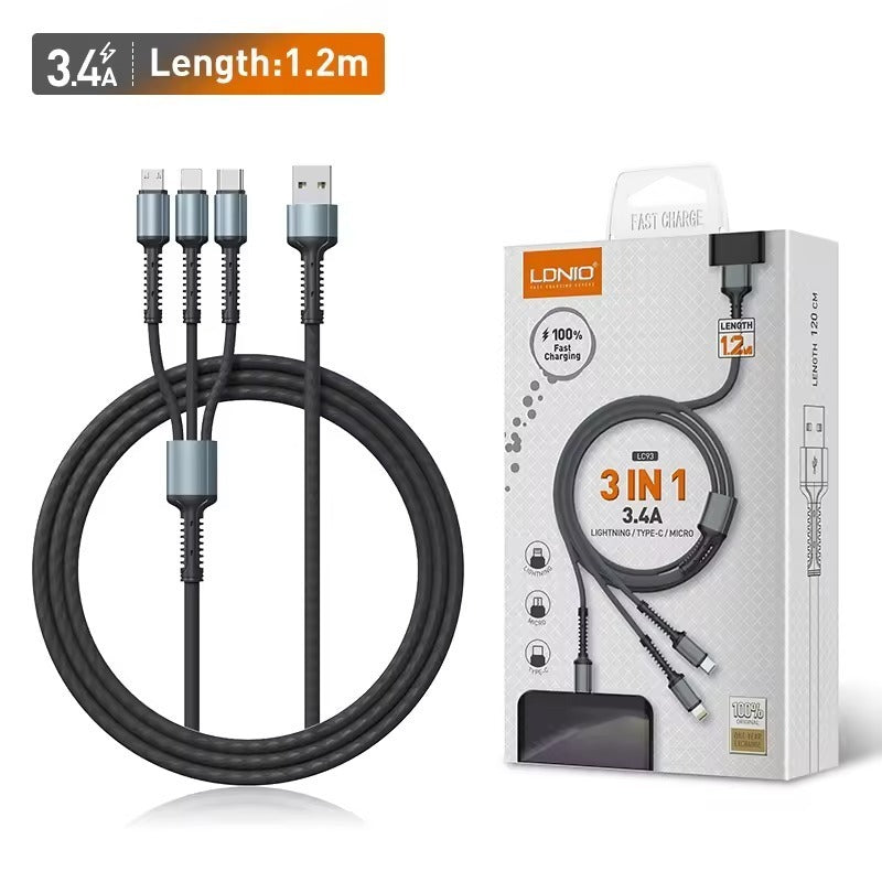 Ldnio Lc93Aio Usb Fast Charging Cable, 3X1, 3.4A, 1.2M - Black